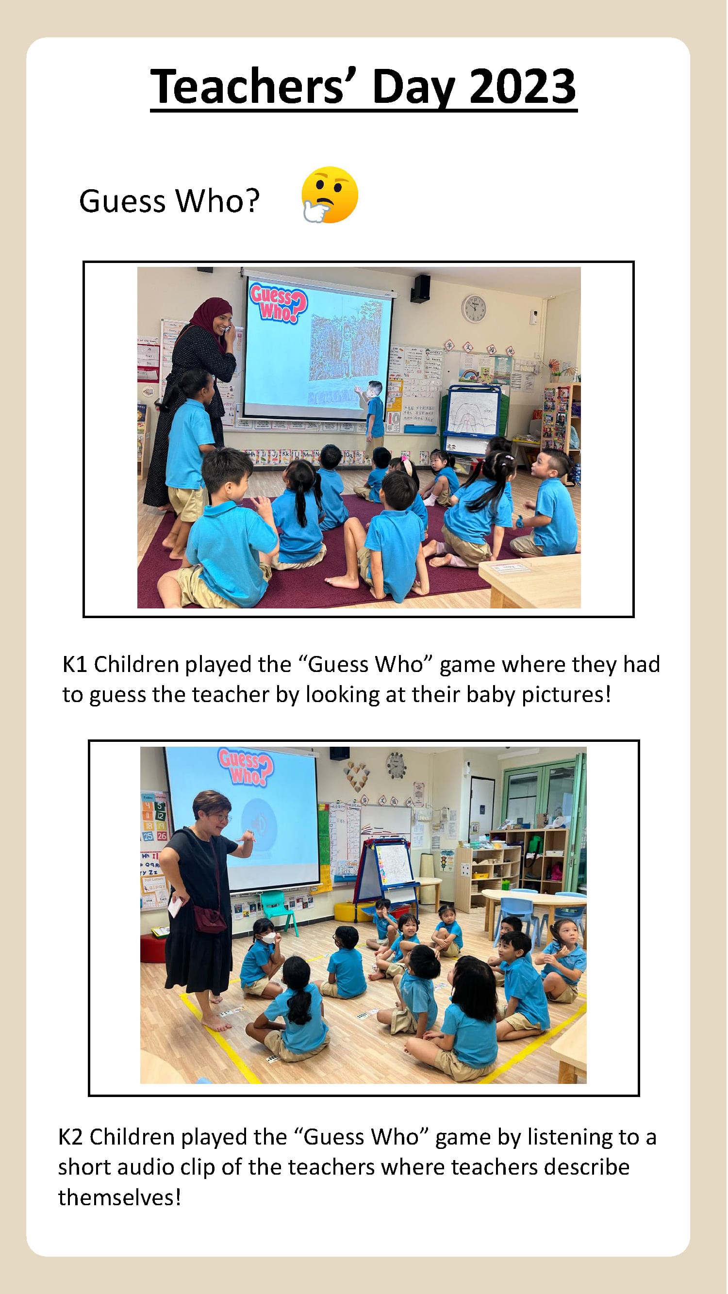 Children enjoy “Guess Who” games, identifying teachers through childhood photos and voice clues during Teachers’ Day celebrations.